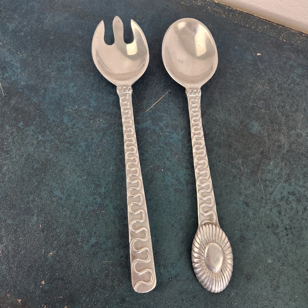 VTG Mexican Pewter Salad Servers Utensil Spoon Fork Artsy Retro 80s